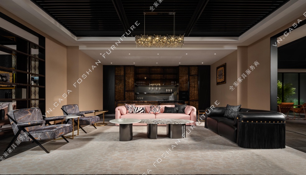 Bold contrasts and timeless glamour converge in this striking lounge setting